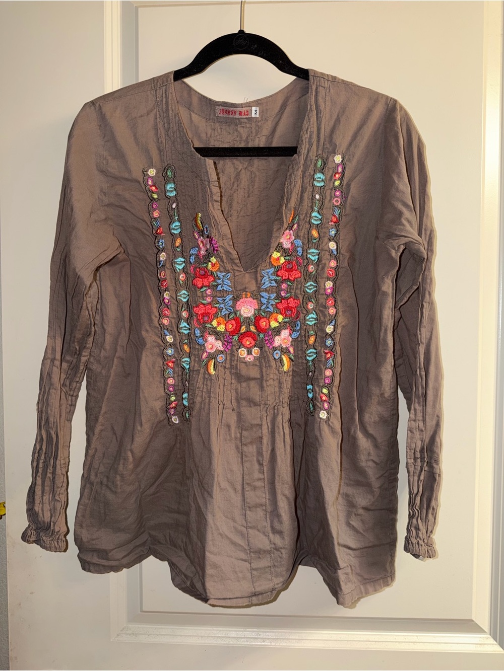 Johnny Was Taupe Floral Embroidered V-Neck Top